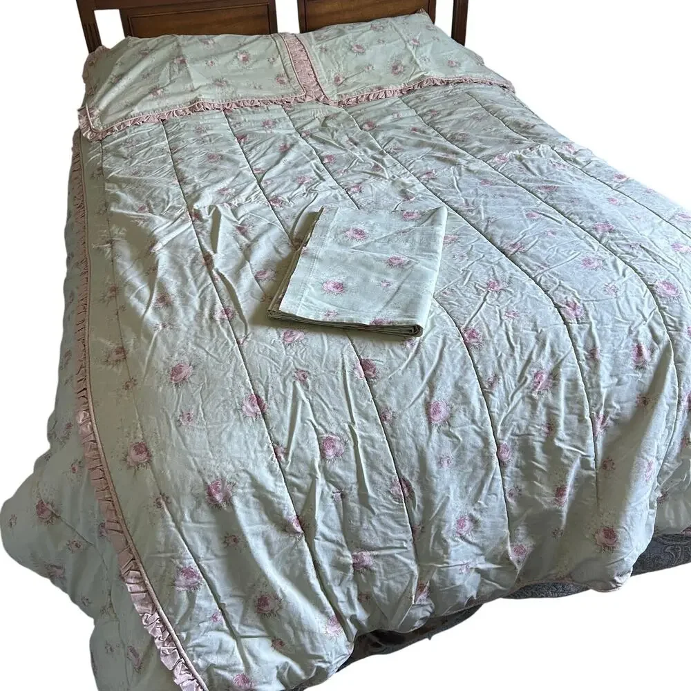 Laura Ashley Green Pink Rose rosemoor full comforter 2 shams cottage core ruffle